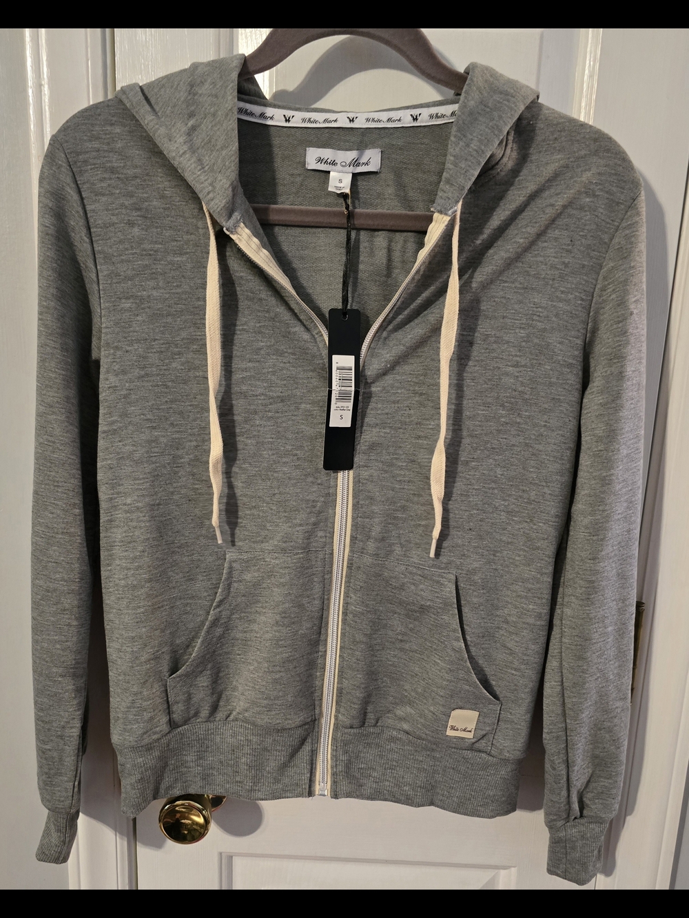 White Mark Women's Light Gray Full-Zip Hoodie with Cream Drawstrings